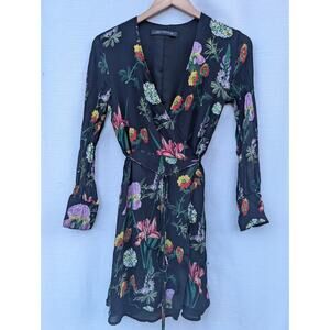 Zara Women's Floral Multicolor Wrap Mini‎ Dress Sz S Sheer Sleeves Whimsical